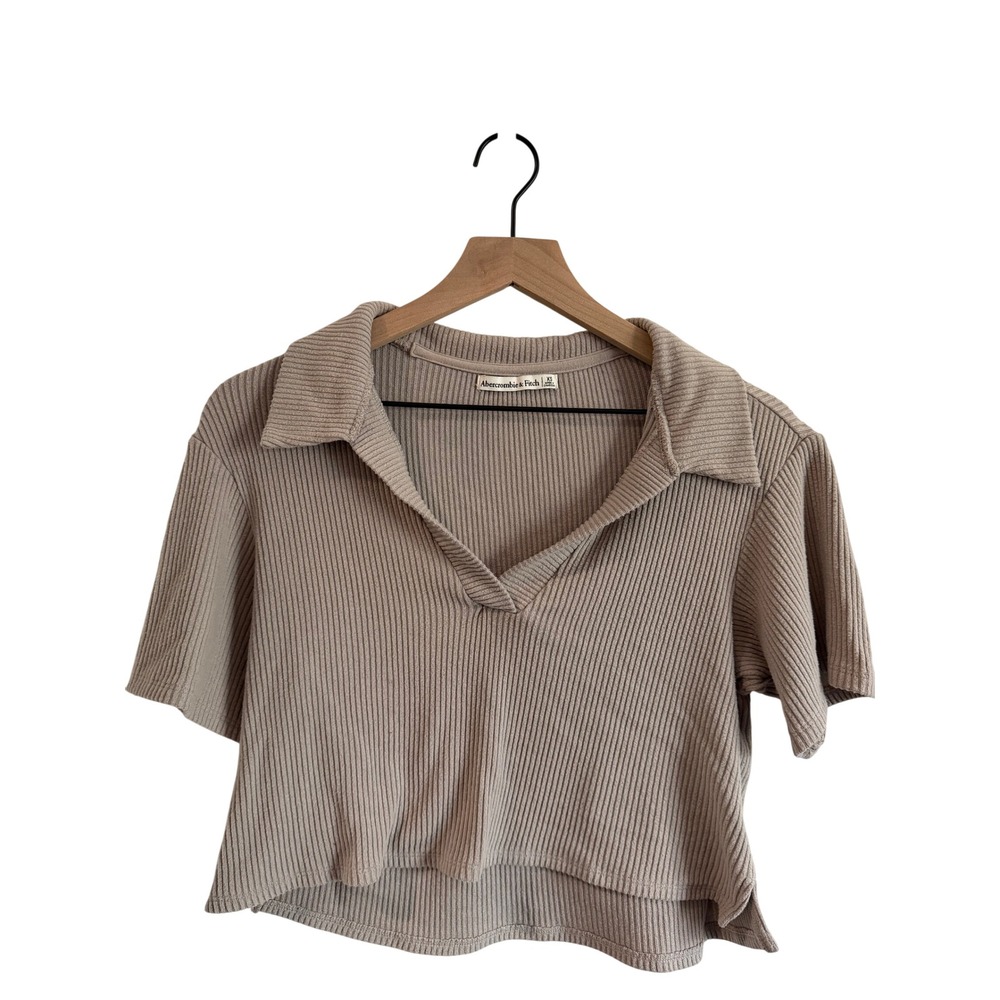 Abercrombie &‎ Fitch Ribbed Knit Polo Top XS Taupe Cropped Y2K Casual Minimalist